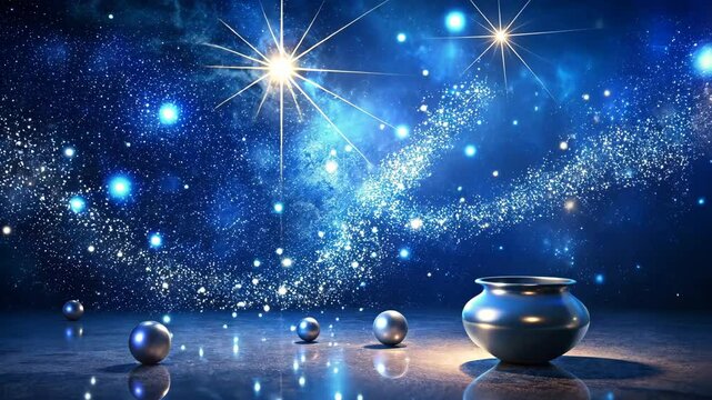 Mystical silver cauldron and glowing orbs under a cosmic sky filled with sparkling particles and bright shining stars.