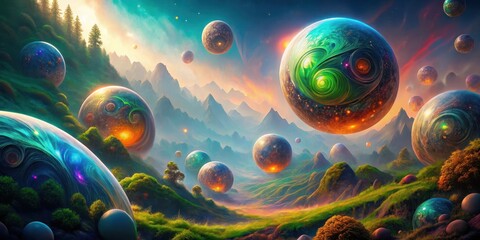 Enchanted Valley with Floating Celestial Spheres, a Dreamlike Landscape of Lush Greenery and Glowing Cosmic Orbs