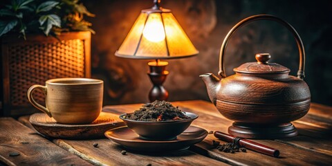 Evening Tea Ritual A Serene Still Life Featuring a Clay Teapot, Loose Leaf Tea, and a Warmly Lit Table