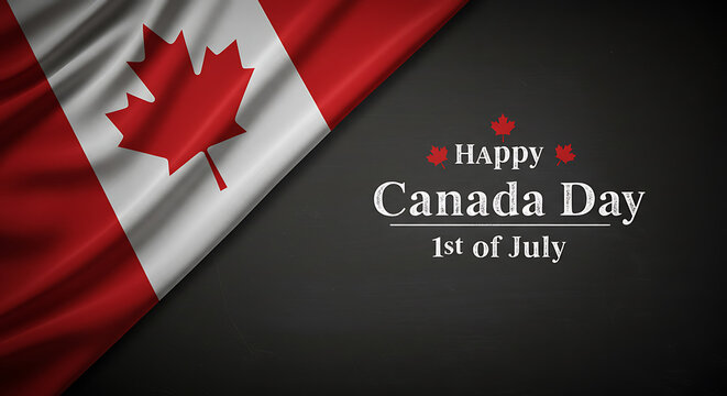 Waving Canada Flag and Happy Canada Day Text Background on Dark Texture - 1st of July National Holiday Celebration Banner - Powered by Adobe
