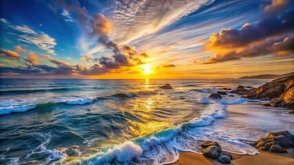 Golden Hour Seascape Ocean Waves Crashing on Sandy Shore at Sunset