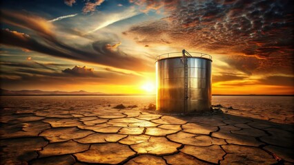 Sunset Over Dried Earth, a Metal Storage Tank Stands Alone, a Symbol of Resource Depletion and Environmental Change