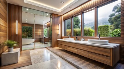 Serene Modern Bathroom Design Featuring Minimalist Vanity and Soaking Tub, Abundant Natural Light, and Wood Accents