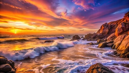 Fiery Sunset Hues Paint the Ocean Waves Crashing Against Rugged Coastal Rocks