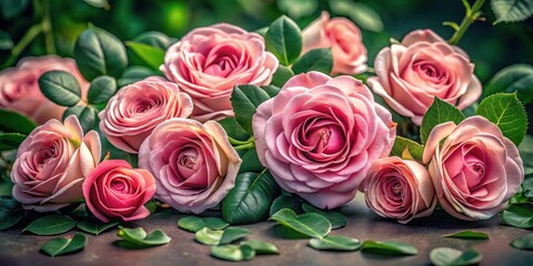 A Delicate Arrangement of Pink Roses with Lush Green Foliage on a Dark Surface