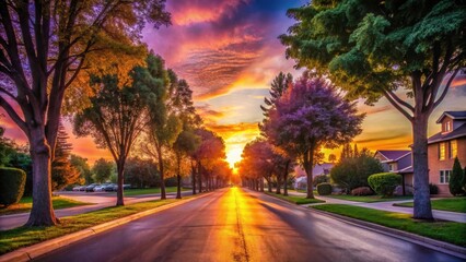Golden Hour Serenity A Residential Street Bathed in the Warm Glow of a Vibrant Sunset