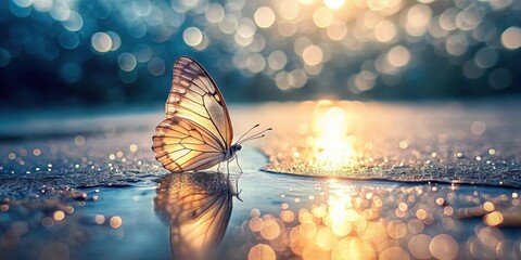 A delicate butterfly rests on a shimmering, sunlit surface, its reflection mirroring the beauty of the golden hour