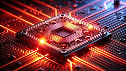 Intricate Electronic Circuitry A Close-Up of a Powerful Processing Unit Glowing with Red Light, Integrated into a Complex Motherboard Design