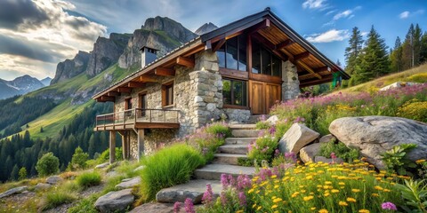 Mountainside Stone Chalet with Blooming Wildflower Garden and Expansive View