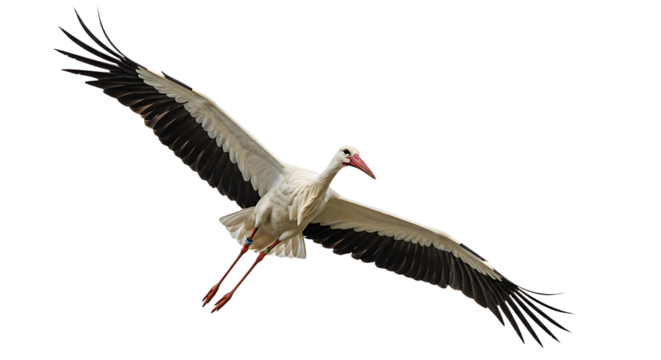 Majestic stork soars with wings fully extended revealing black and white plumage