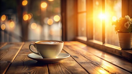 Aromatic Coffee Cup on Rustic Wooden Table by Window with Warm Sunlight