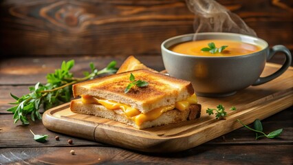 Aromatic Steam Rising from a Bowl of Creamy Soup Served with a Golden Brown Grilled Cheese Sandwich on Rustic Wood