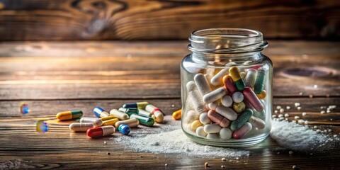 A glass jar filled with an assortment of colorful capsules and tablets rests on a rustic wooden surface, scattered pills and a fine white powder nearby.