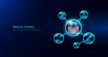 Medical science. Human gum tooth organ inside transparent molecule with icons doctor pill syringe and magnifying glass. On dark blue digital technology background. Vector EPS10.