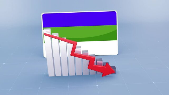 Komi Country Flag and Bar Chart Graph Showing Decreasing Values a Red Arrow Economic Crisis Concept