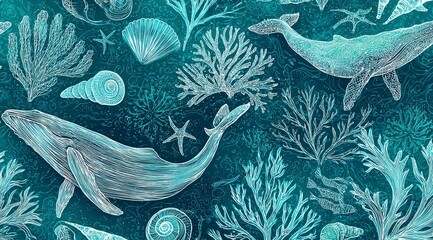 Vintage sea life illustration featuring whales and seashells in monochrome light-blue tones against a deep blue ocean background. Ideal for decorative prints, poster designs, educational materials