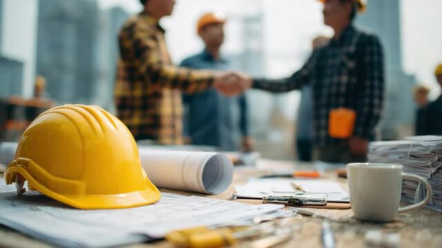 Construction Collaboration: A close-up view of construction workers shaking hands on a blueprint-covered table, with a yellow hardhat, a coffee cup, and blueprints in the foreground.