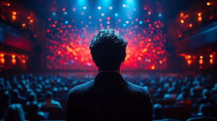 Corporate CEO delivering a keynote speech on AI driven business transformation futuristic conference hall with digital projections