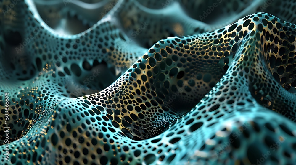 Poster close up of an abstract textured surface with a blue and gold color scheme and a pattern of small ho