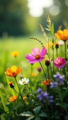 Obraz premium A vibrant bouquet of wildflowers in a lush meadow, bathed in soft sunlight Delicate petals, bright colors, and natural beauty showcased in this stunning springtime scene , ecology, landscape, blossom
