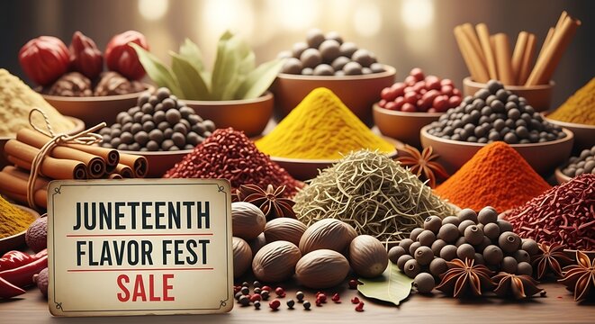 Juneteenth Flavor Fest Sale: Abundant Assortment of Vibrant Spices in Bowls on Display, Featuring Anise Stars & Nuts in a Warm, Bright, Photorealistic Style.