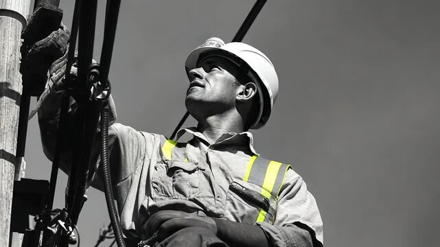Dedicated lineman connecting cables, working diligently, power transmission and energy worker