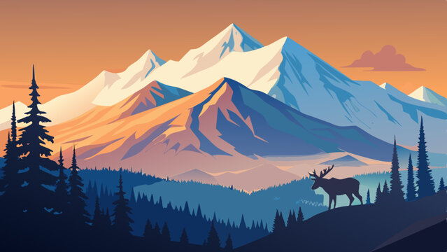 Mount Denali Vector Illustration with Snow Capped Peaks and Moose