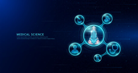 Medical science. Human nose organ inside transparent molecule with icons doctor pill stethoscope magnifying glass and plus sign. On dark blue digital technology background. Vector EPS10.