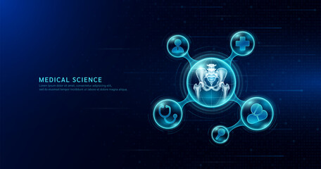 Medical science. Arthritis osteoporosis diagnosis. Human pelvis joint bone inside transparent molecule with icons doctor pill stethoscope plus sign and magnifying. On dark blue background. Vector.