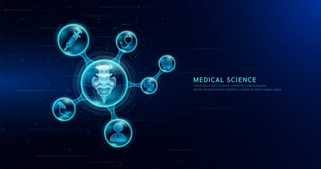 Medical science. Arthritis osteoporosis diagnosis. Human sacrum joint bone inside transparent molecule with icons doctor pill syringe stethoscope and cross. On dark blue background. Vector.