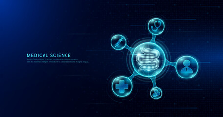 Human small intestine organ inside transparent molecule with icons doctor pill syringe stethoscope and plus sign on dark blue digital technology background. Medical science. Vector EPS10.