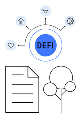 Circular DEFI concept hub with icons for home, shopping, settings, and health. Document and tree below showcase finance, innovation, sustainability, decision-making, technology integration community