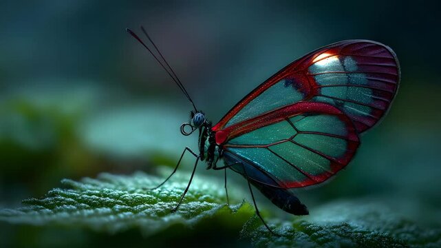 Glasswing Butterfly With Transparent Wings Resting On Leaf In Magical Forest Light Showing Fragile Beauty And Natural Detail