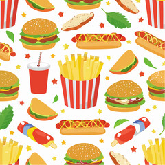 A fun fast-food pattern full of comfort food icons, great for menus, packaging, and digital content.
