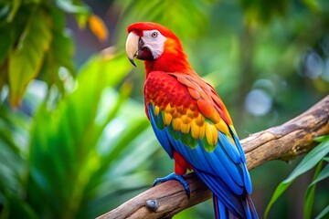 Obraz premium Vibrant scarlet macaw perched on branch in lush rainforest