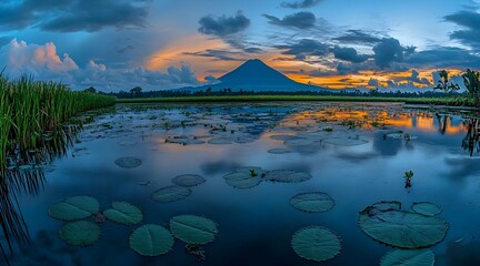 Picturesque Mountain Reflection at Dusk over Calm Water with Vibrant Sunset and Lily Pads in a Peaceful Setting