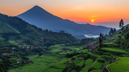 Scenic Mountain Valley at Sunset with Green Fields and Orange Sky Countryside Vista