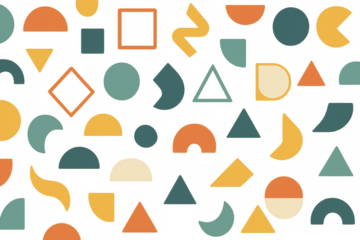 Colorful geometric shapes repeating across transparent background, featuring circles, squares, triangles, blending in modern, dynamic abstract composition