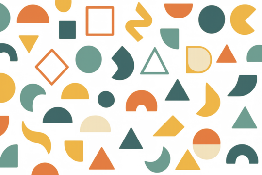 Colorful geometric shapes repeating across transparent background, featuring circles, squares, triangles, blending in modern, dynamic abstract composition - Powered by Adobe