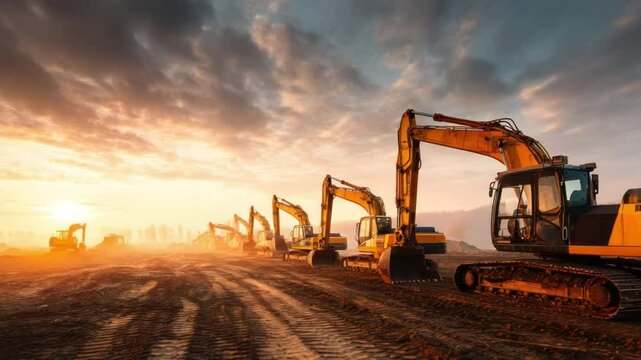 Construction at Sunset: A row of heavy machinery, excavators and bulldozers, stand silhouetted against a vibrant sunset, symbolizing industry and progress.