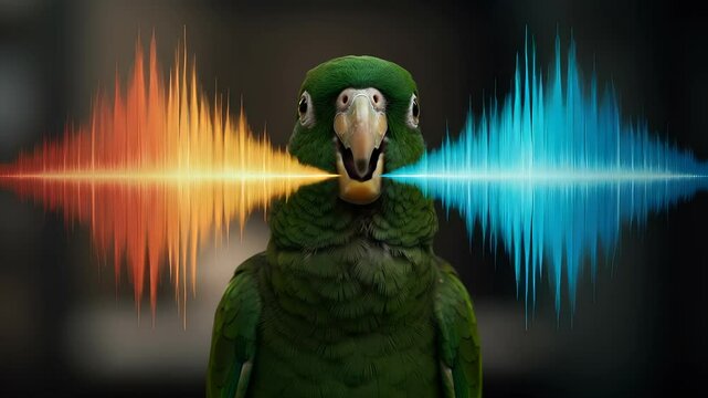 Colorful sound waves flow from the beak of a charming green parrot portrait shot