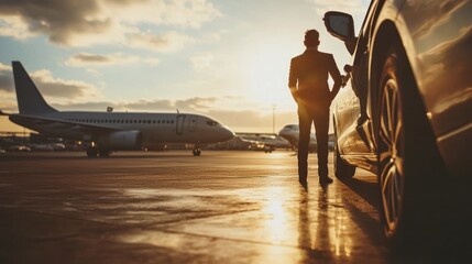 A man in a suit stands by a car on an airfield tarmac