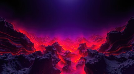 Fototapeta premium Fiery volcanic landscape background with glowing red and purple lava