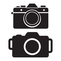 black and white silhouette of vintage cameras in retro style showing front view photography icon design for technology communication or media related projects