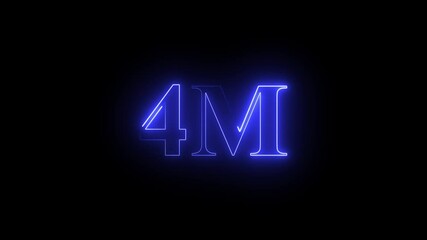 4m one million neon glowing text animation on black background, 1 Million achievement for social media videos .pink blue color neon glowing 1M text icon animation number sign symbol black background