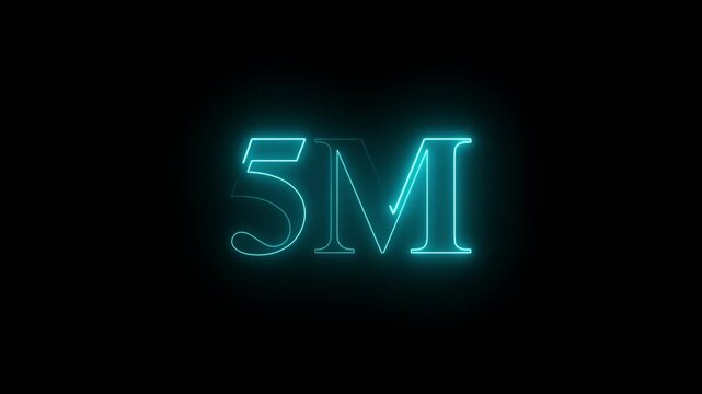 5m one million neon glowing text animation on black background, 1 Million achievement for social media videos .pink blue color neon glowing 1M text icon animation number sign symbol black background
