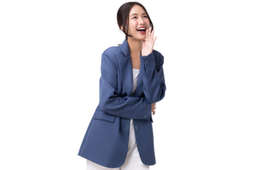 Portrait of happy young business woman posing isolated on transparent background, PNG file format.