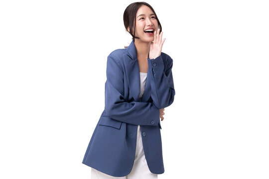 Portrait of happy young business woman posing isolated on transparent background, PNG file format.