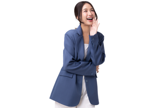 Portrait of happy young business woman posing isolated on transparent background, PNG file format.