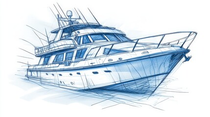 Naklejka premium Detailed sketch of a luxury yacht navigating calm waters with a clear sky in the background